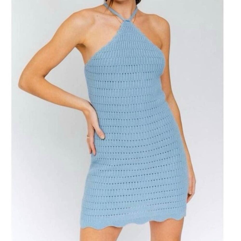 Le Lis Luka Blue Crochet Halter Mini Dress Size Small